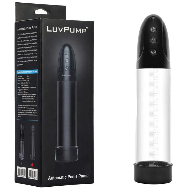 LuvPump automatic penis pump in Clear, black motor head, beside its black box