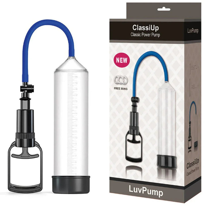 ClassiUp large pump in Clear beside its grey ClassiUp retail box