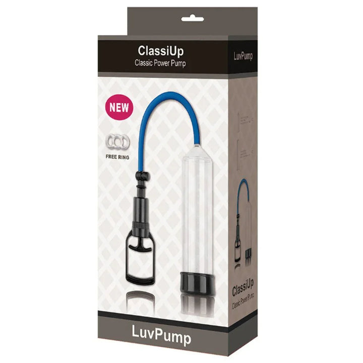 ClassiUp large pump retail box, front panel with blue-hose artwork