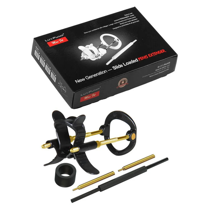 Max Fit hybrid penis extender kit in Black with gold rods, below its box