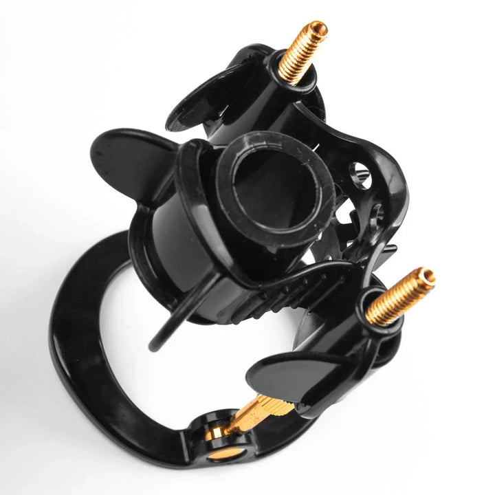 Max Fit extender frame close-up in Black with twin gold screws