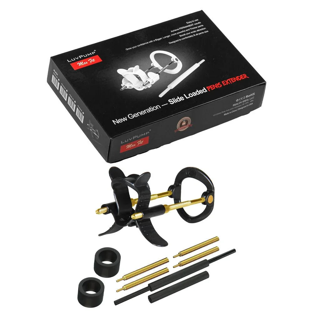 Max Fit luxury extender kit in Black, frame, rings and gold rods below its box