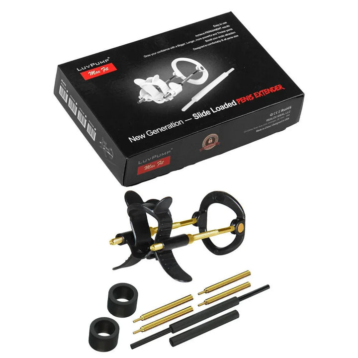 Max Fit luxury extender kit in Black, frame, rings and gold rods below its box