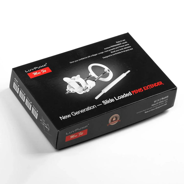 Max Fit luxury retail box, angled front of the black packaging
