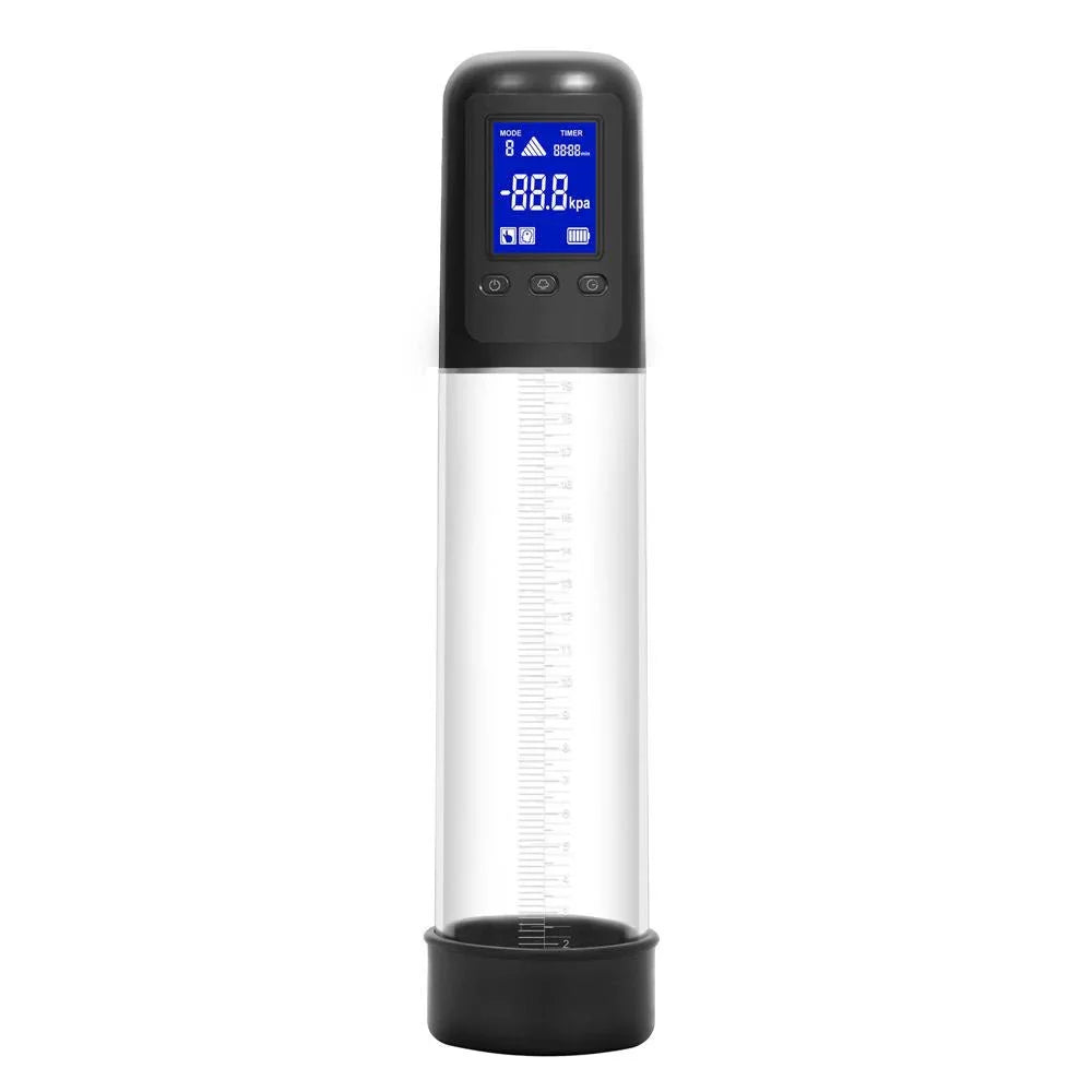 Smart Penis Pump upright on white, LCD control head on clear cylinder