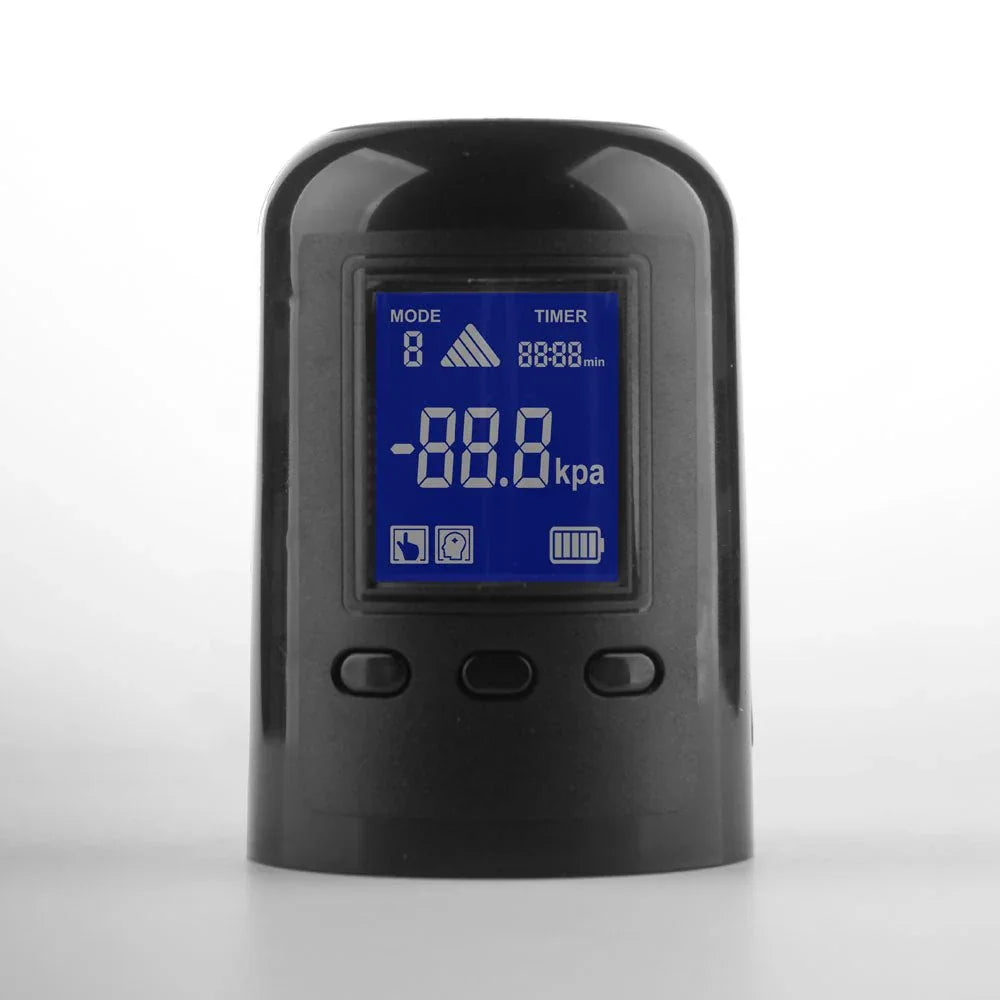 Smart Penis Pump control head close-up, mode and timer LCD readout