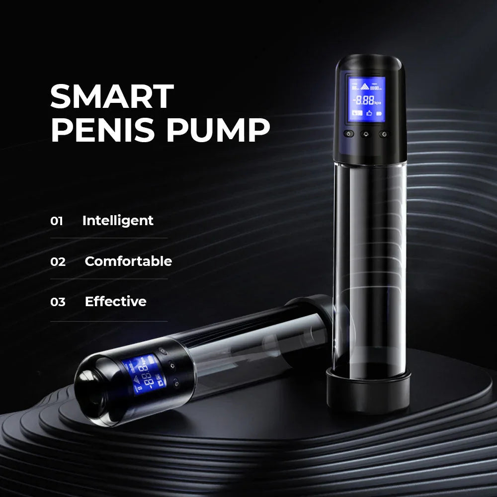 Smart Penis Pump feature card, two units with blue LCD displays