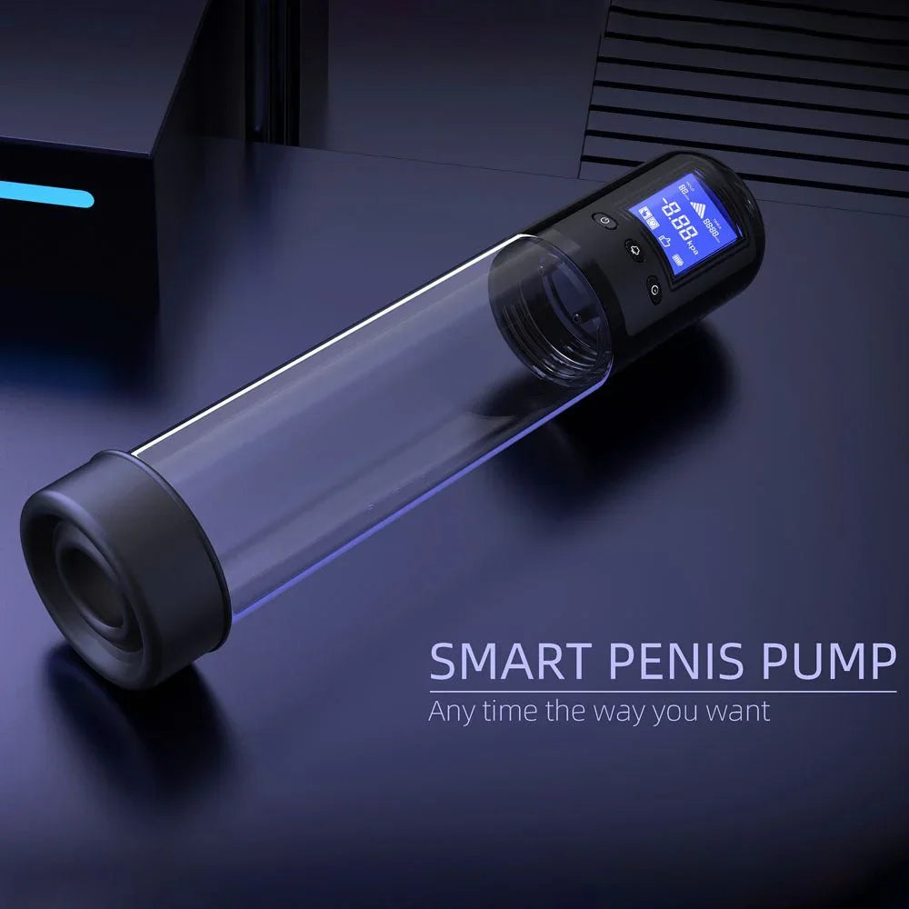 Smart Penis Pump in Clear lying on a dark stage, LCD head lit