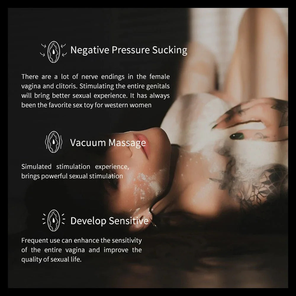 Vagina pump benefits card, suction, massage and sensitivity notes