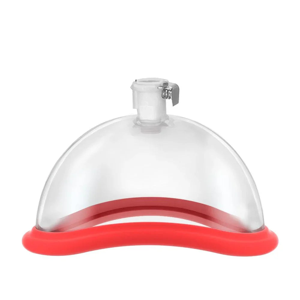 Vagina pump clear cup close-up with red silicone rim