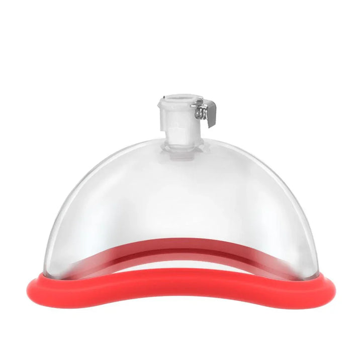 Vagina pump clear cup close-up with red silicone rim
