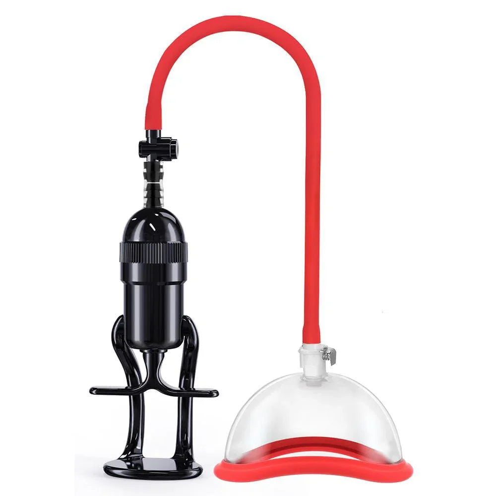 Vagina pump upright, black trigger handle with red hose to the cup
