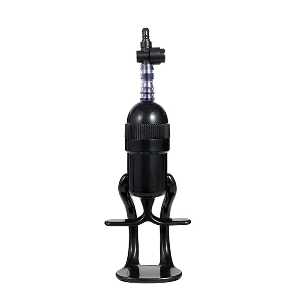Vagina pump black trigger handle standing upright, valve on top