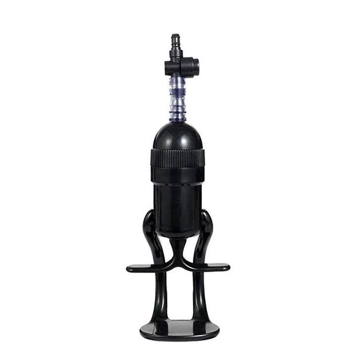 Vagina pump black trigger handle standing upright, valve on top