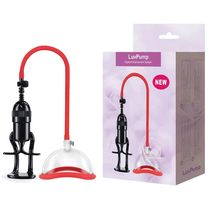 Vagina Enhancement System pump with red hose and cup, beside its lilac box