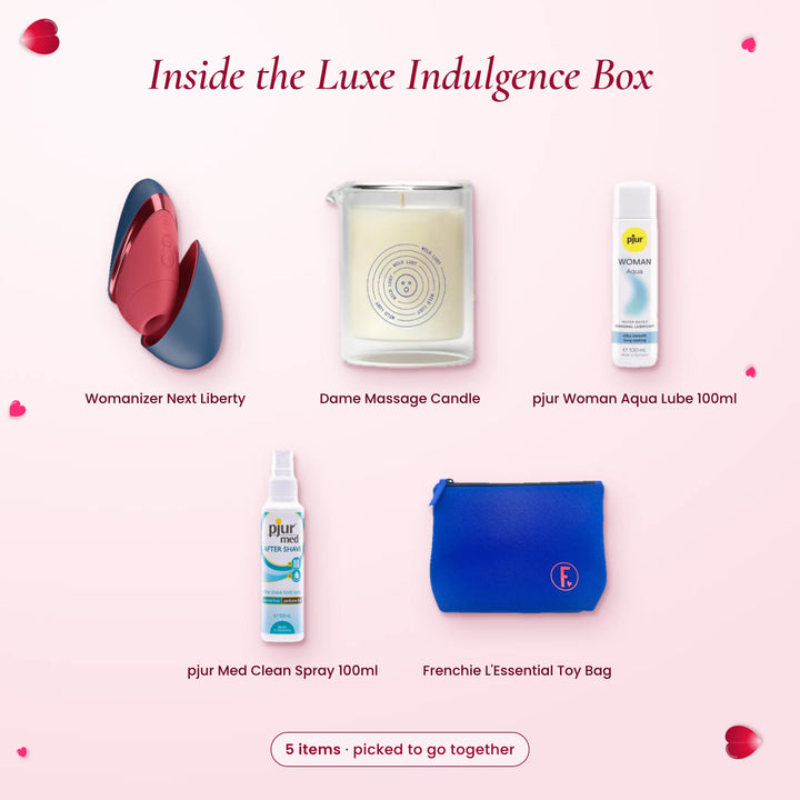 Inside the Luxe Indulgence Box: Womanizer Next Liberty, Dame massage candle, two pjur bottles and a Frenchie toy bag