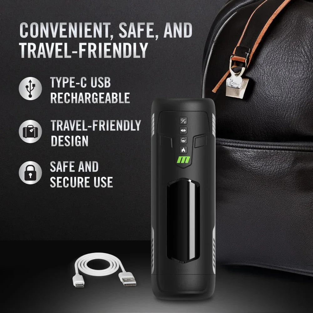Master Blaster panel: travel-friendly Type-C rechargeable design shown with a bag