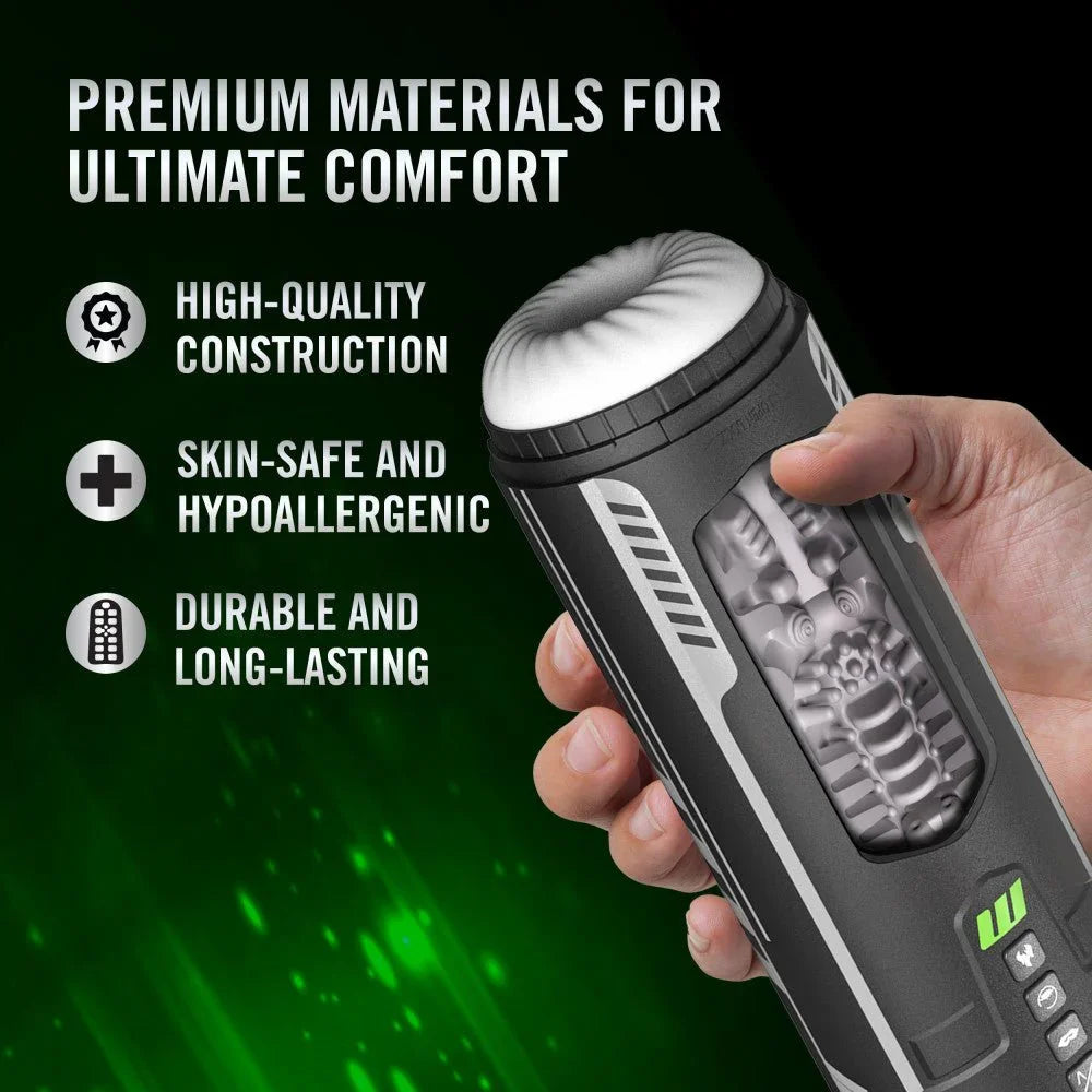 Master Blaster panel: premium materials, the stroker held in a hand
