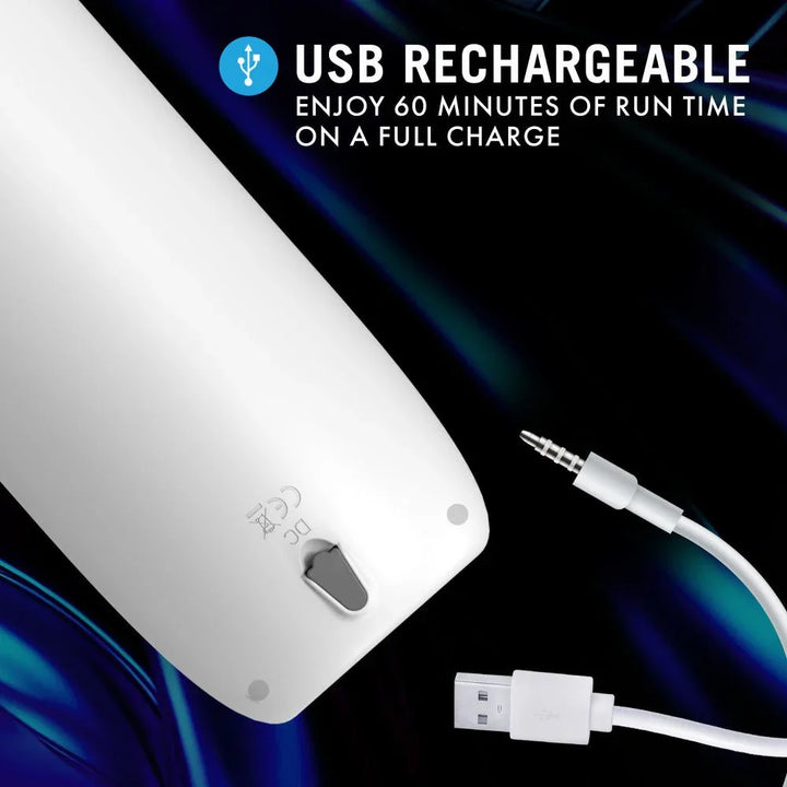 Robo-Bator panel: USB rechargeable with 60 minutes run time, charging port in view