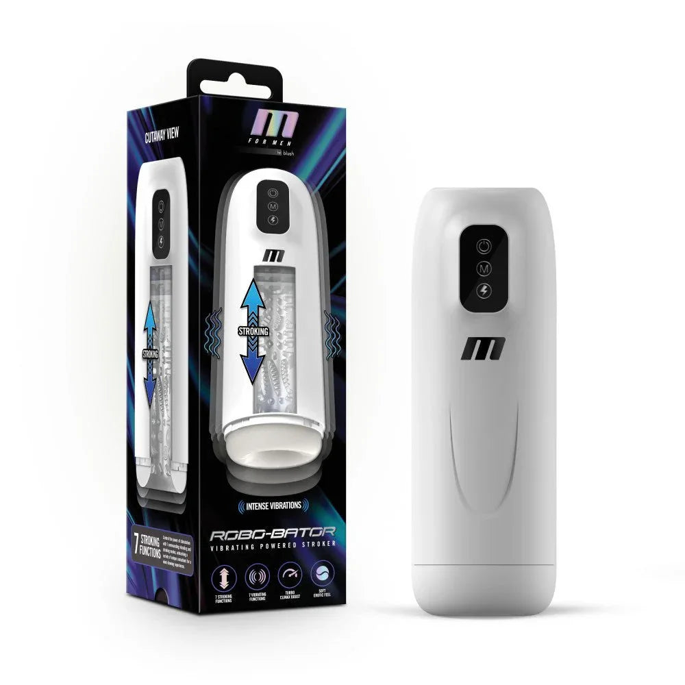 M For Men Robo-Bator auto stroker in white beside its retail box