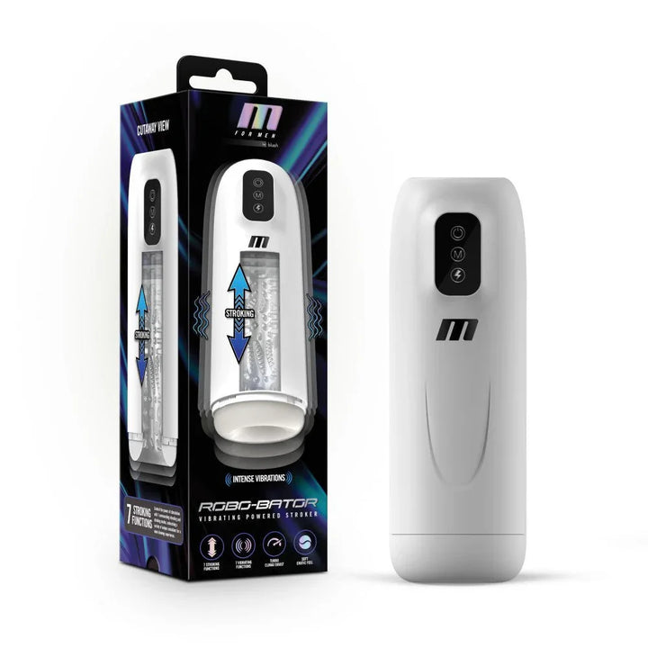 M For Men Robo-Bator auto stroker in white beside its retail box