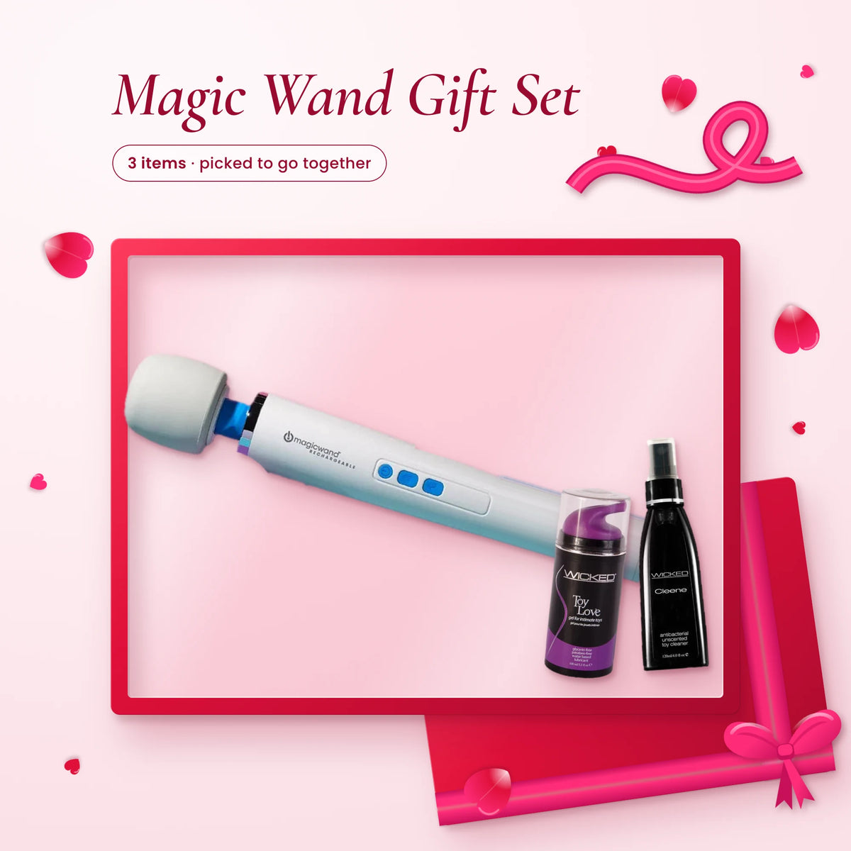 Magic Wand Gift Set:  Magic Wand Rechargeable, Wicked Toy Love Lube 100ml and Wicked Cleene Toy Cleaner 120ml