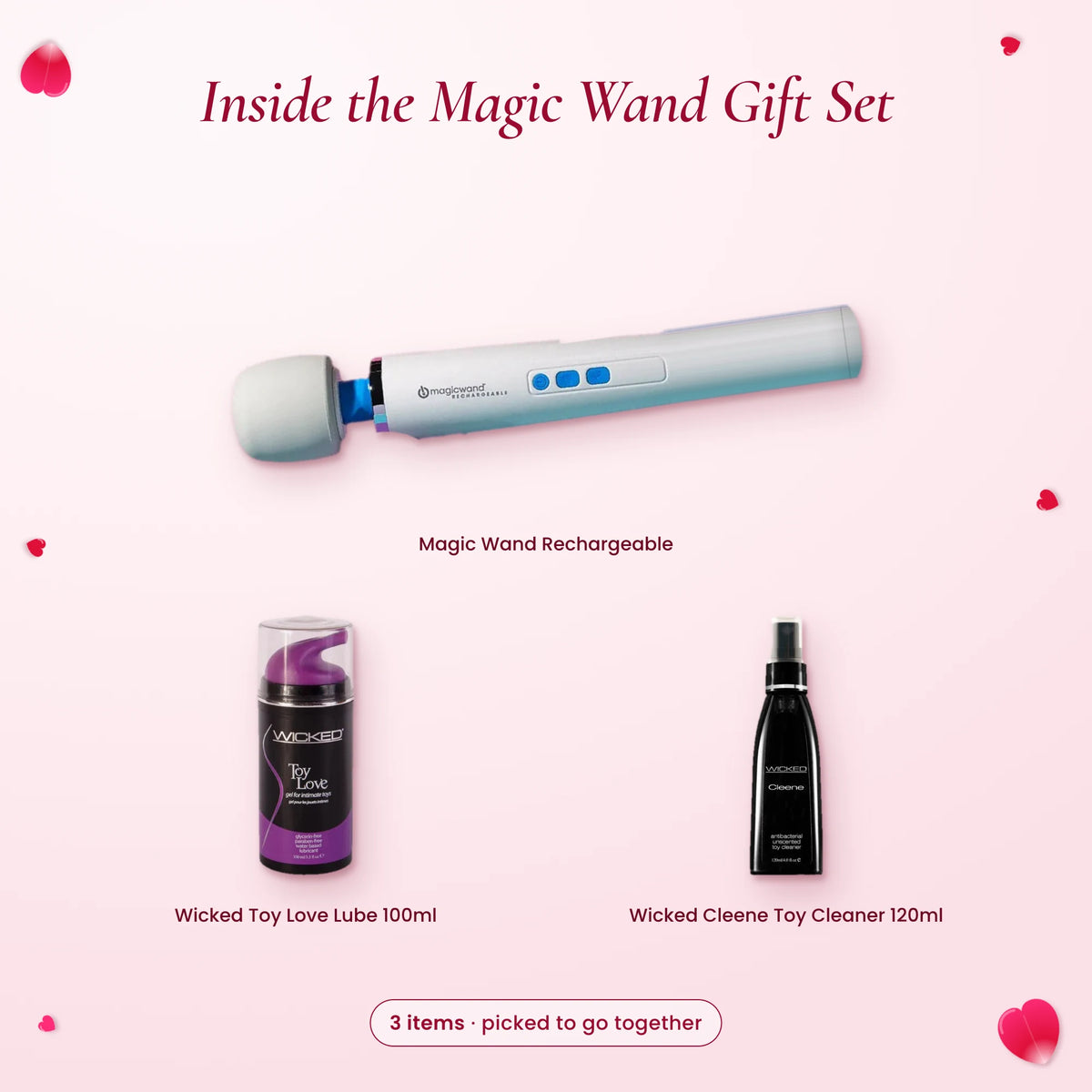 What's inside the Magic Wand Gift Set: Magic Wand Rechargeable, Wicked Toy Love Lube 100ml and Wicked Cleene Toy Cleaner…