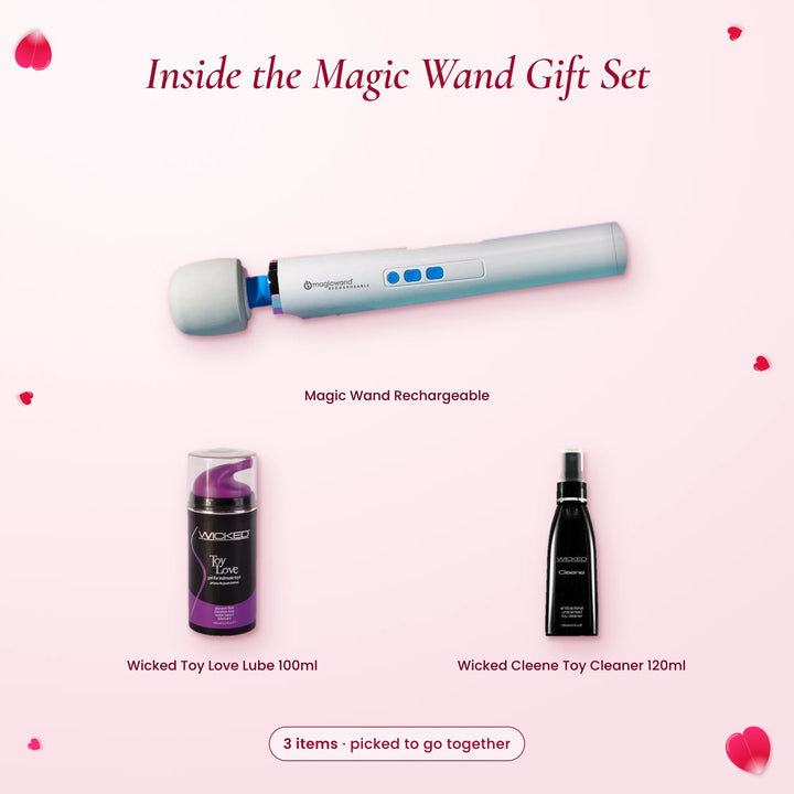 What's inside the Magic Wand Gift Set: Magic Wand Rechargeable, Wicked Toy Love Lube 100ml and Wicked Cleene Toy Cleaner…
