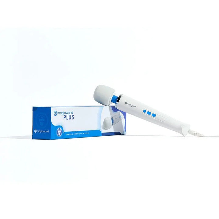 Magic Wand Plus resting on its retail box, corded, on white