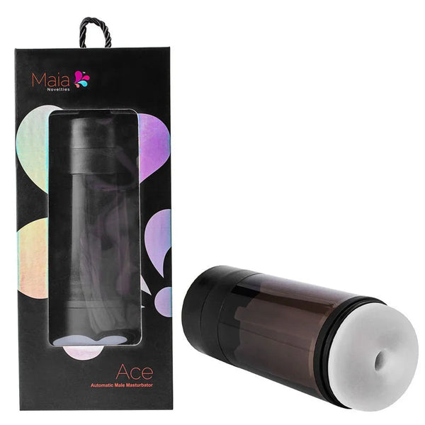 Maia Ace automatic sucking masturbator, smoked cylinder beside its black Maia box