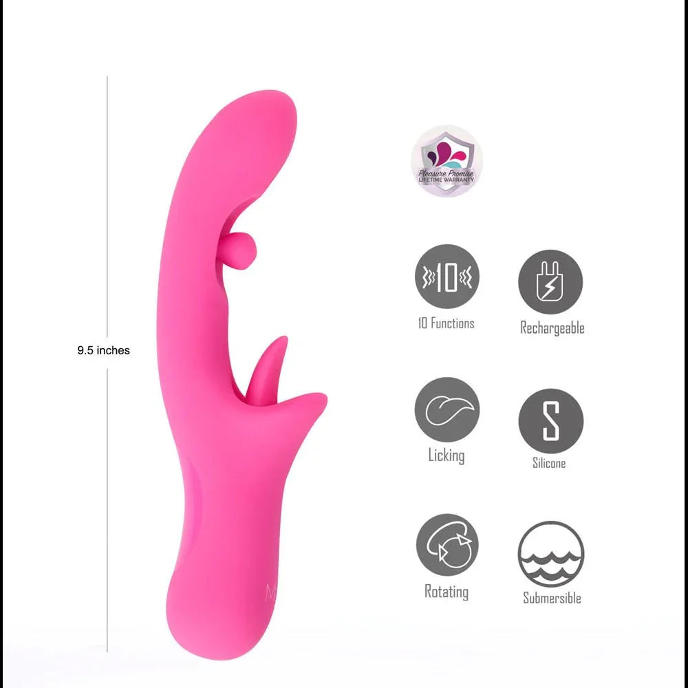 Maia Alora vibrator in Pink, diagram marking 9.5 inches with licking and rotating icons