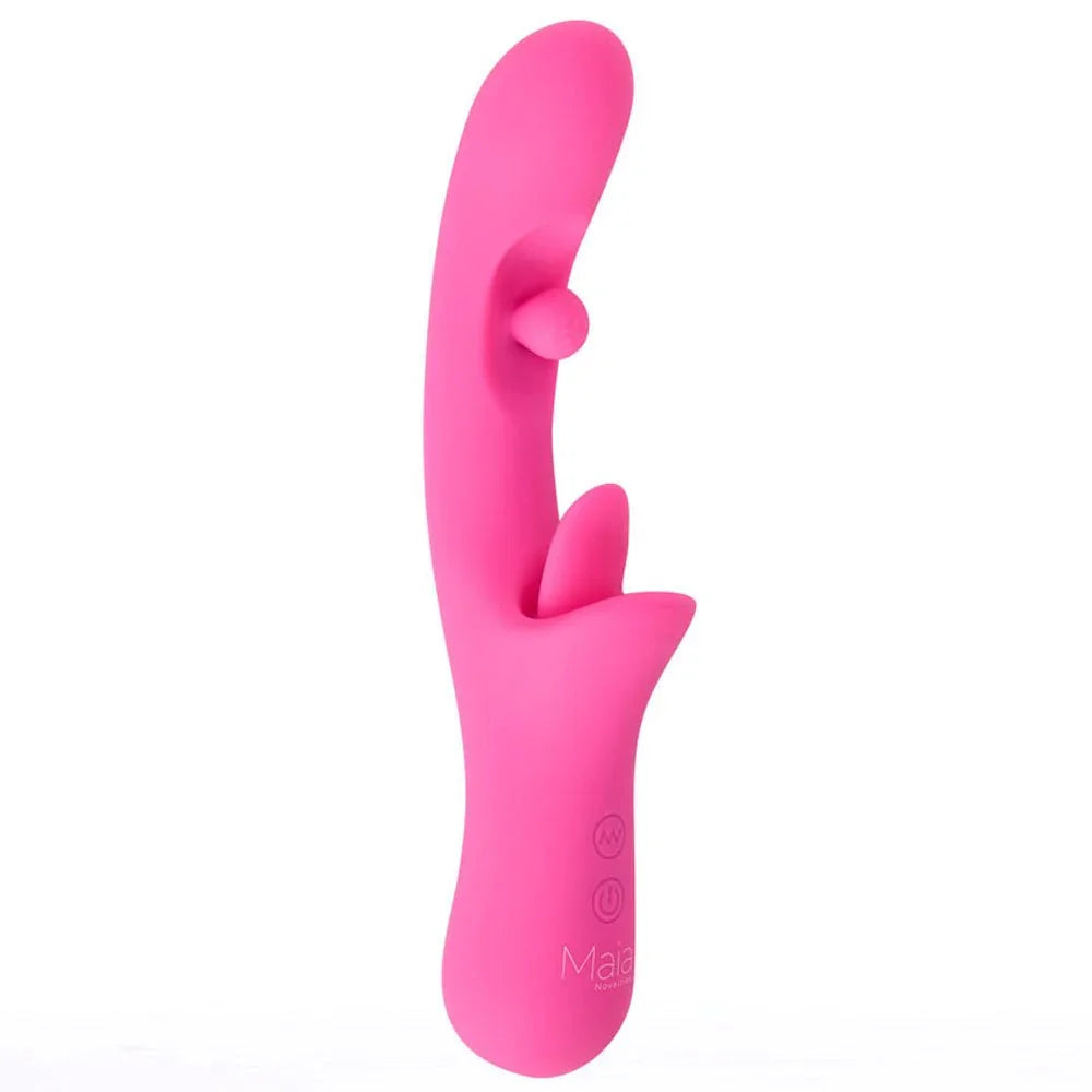 Maia Alora licking rotating vibrator in Pink, upright alone on white