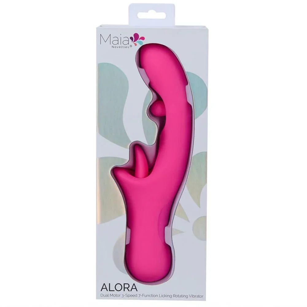 Maia Alora retail box, pink vibrator pictured through the window of the Maia pack