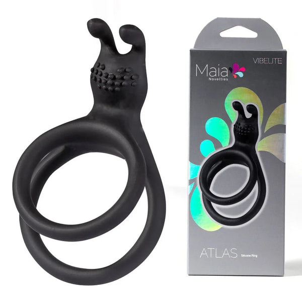 Maia Atlas dual cock and ball ring in Black with nubbed rabbit ears, beside its box