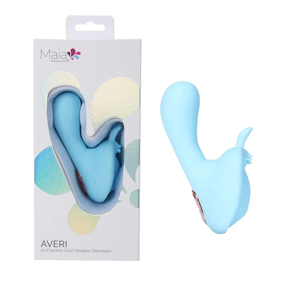Maia Averi rechargeable vibrator in Blue, curved stimulator beside its Maia box