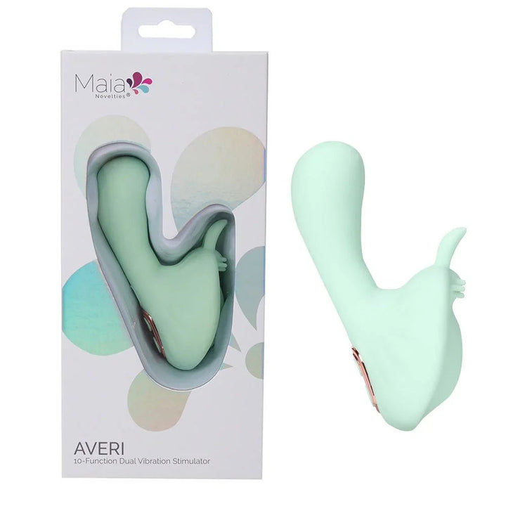 Maia Averi rechargeable vibrator in Green, mint curved stimulator beside its Maia box