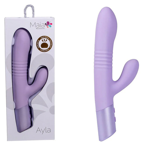Maia Ayla thrusting rabbit vibrator in Lavender, ribbed shaft beside its Maia box