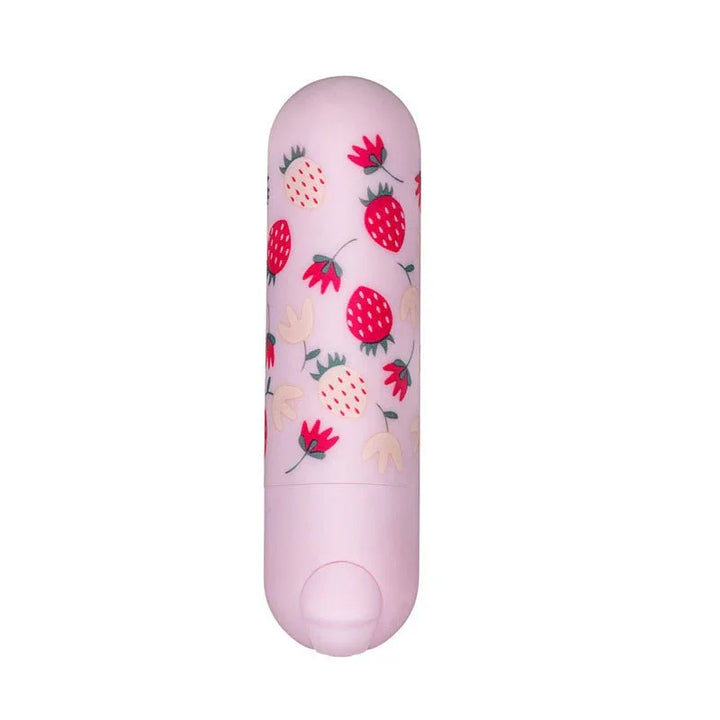 Maia Bari bullet in Baby Pink with a strawberry and flower print, upright on white