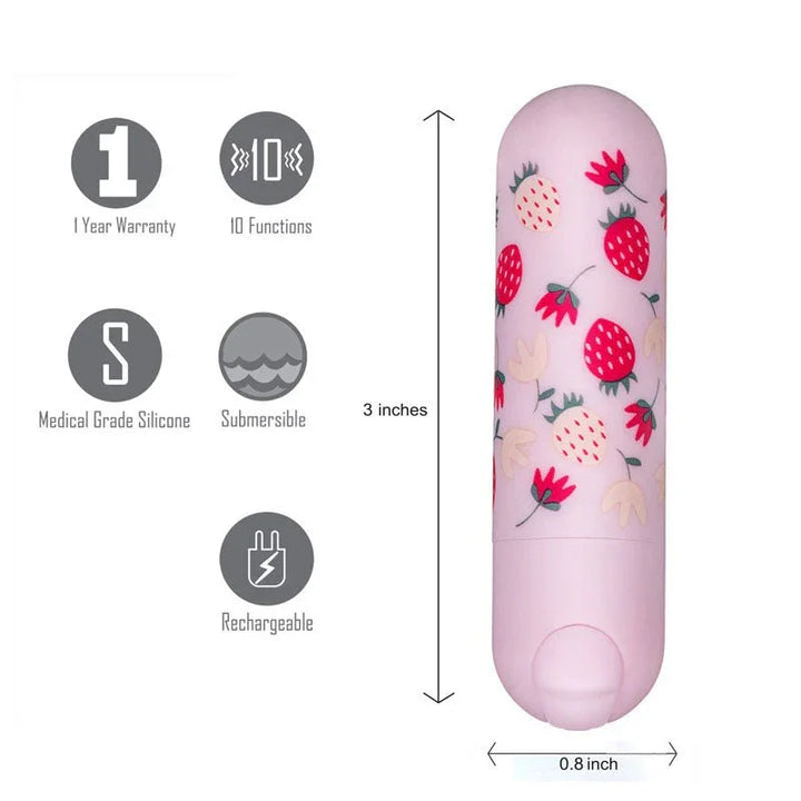 Maia Bari bullet in Baby Pink with strawberry print, sized 3 by 0.8 inches with icons