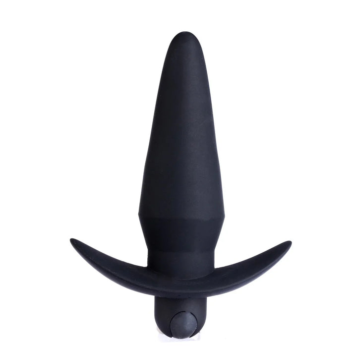 Maia Cody rechargeable butt plug in Black, upright alone showing the anchor base