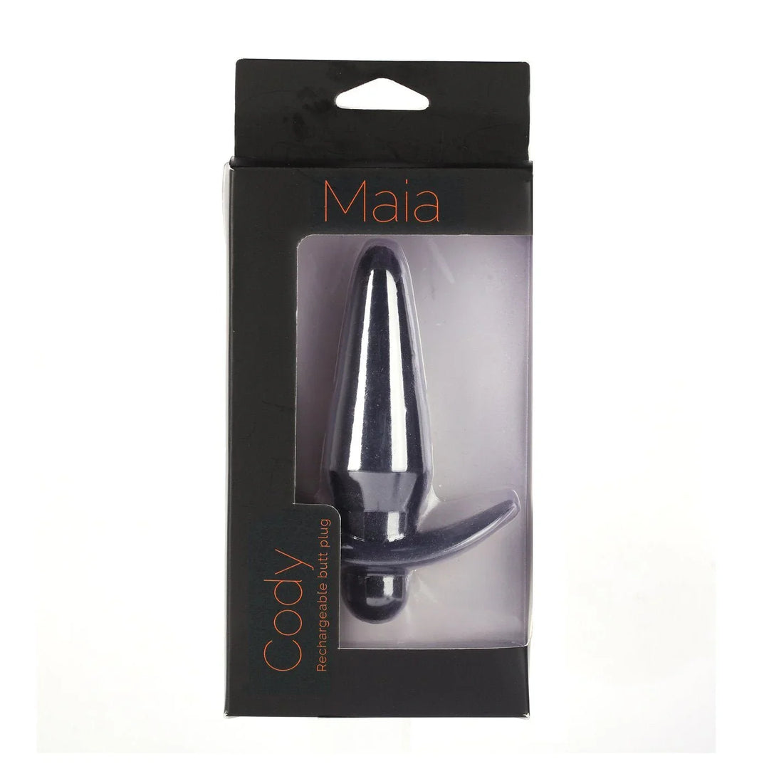 Maia Cody retail box in black, plug pictured through the window of the pack