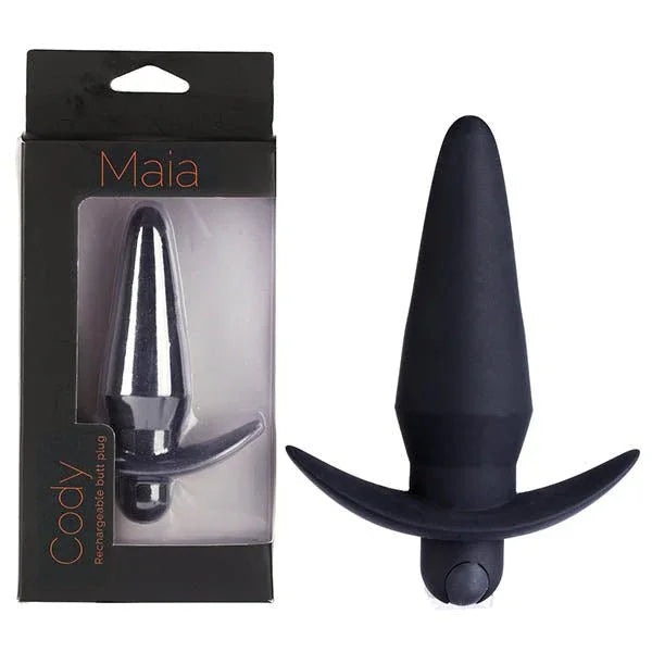 Maia Cody rechargeable butt plug in Black with anchor base, beside its Maia box