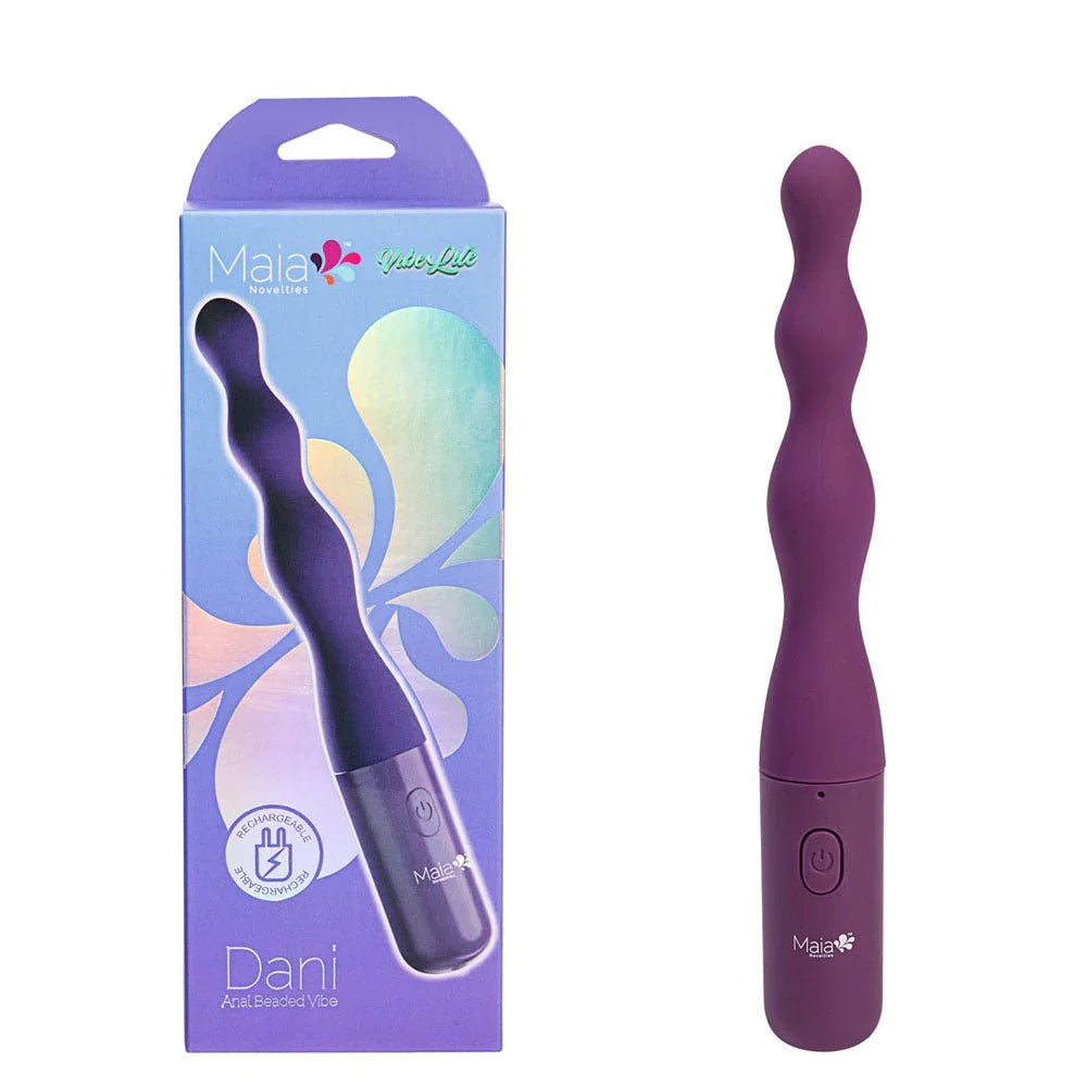 Maia Dani beaded anal vibrator in Purple, stacked beads beside its Maia box