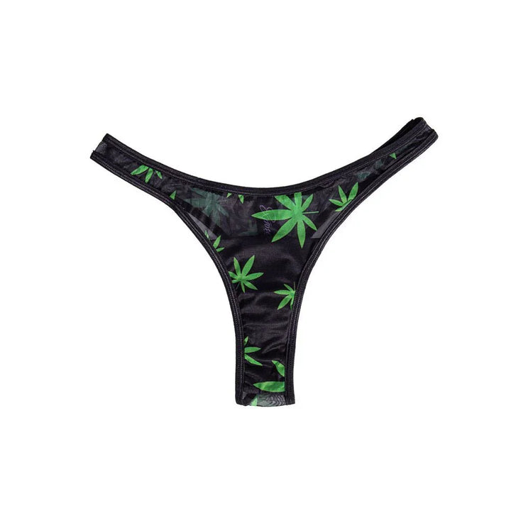 Maia Date Night 420 thong alone, black with a green cannabis leaf print, S/M