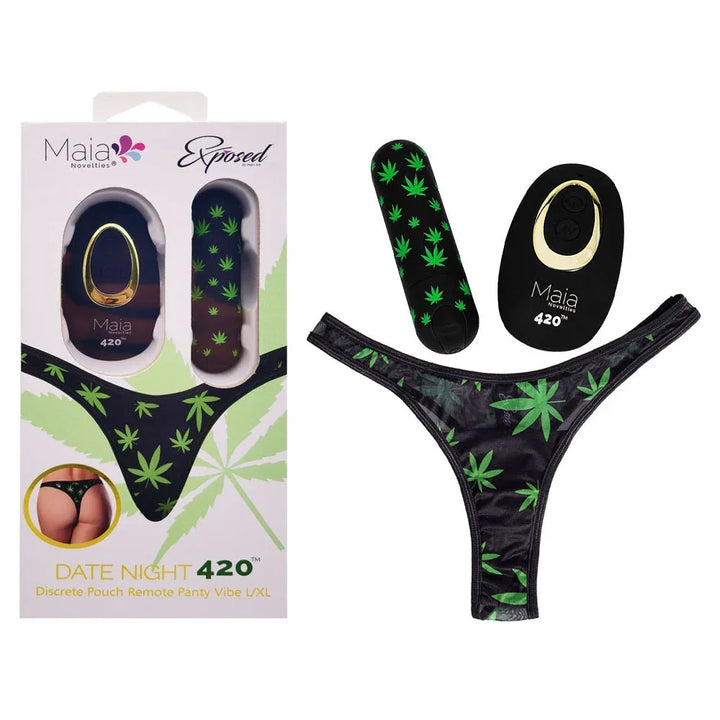 Maia Date Night 420 panty vibe S/M, leaf-print thong with bullet and remote, and its box