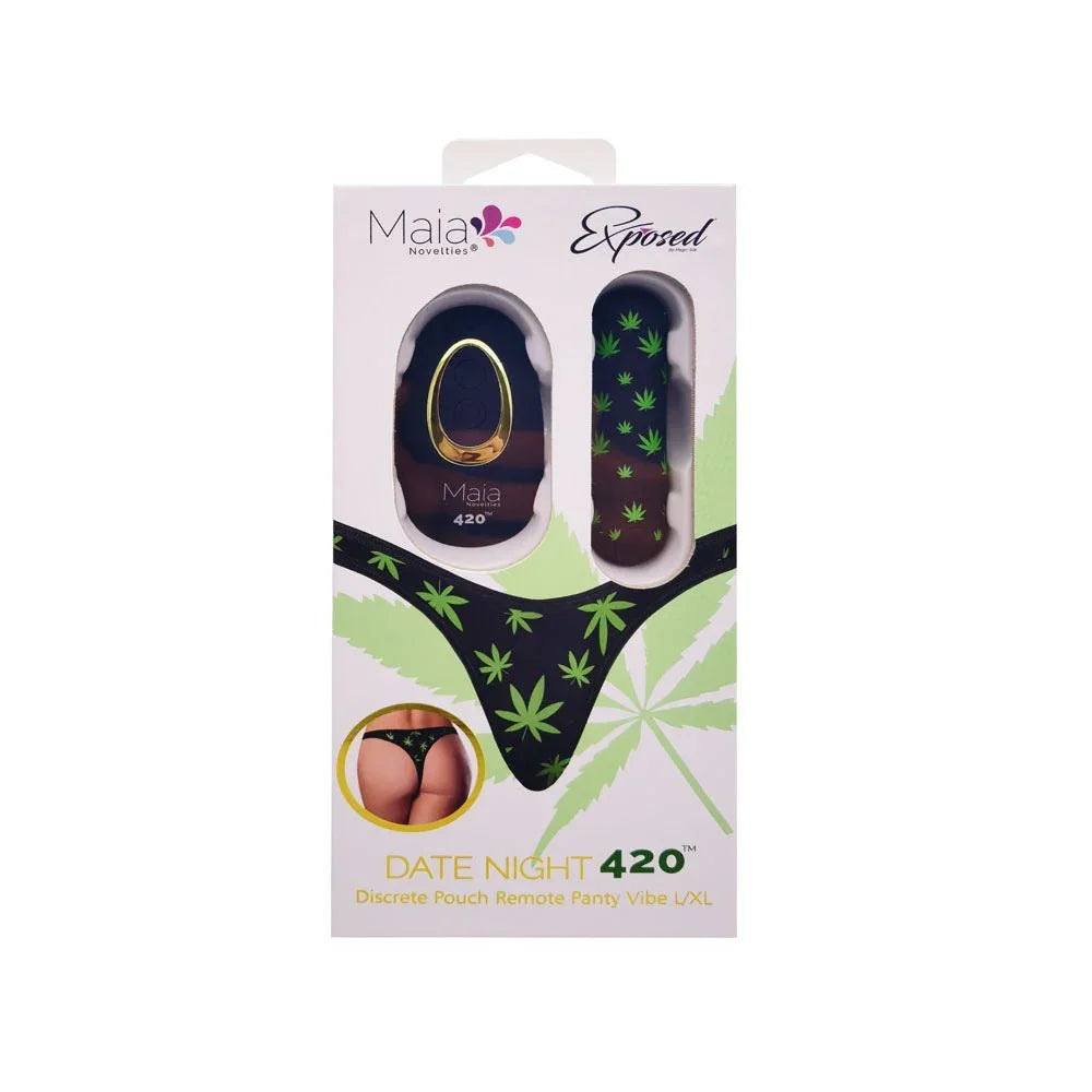 Maia Date Night 420 S/M retail box, thong, bullet and remote pictured on the pack