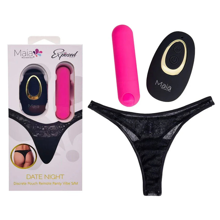 Maia Date Night panty vibe S/M, black lace thong with pink bullet and remote, and box