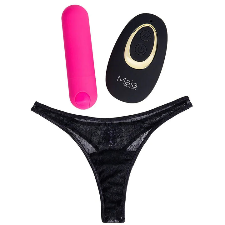 Maia Date Night black lace thong laid flat, pink bullet and remote above it