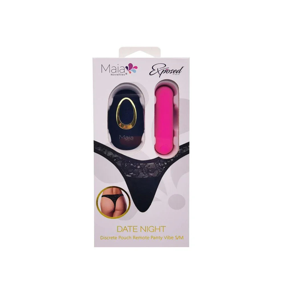 Maia Date Night S/M retail box, lace thong, bullet and remote pictured on the pack
