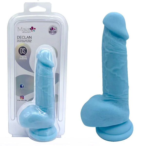 Maia Declan dual density dong in Blue with suction base, beside its Maia blister pack